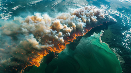 Aerial view of volcanic eruption. Volcanic eruption with lava and ash.の素材