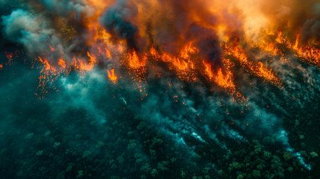 Aerial view of burning forest with smoke and fire in the background.の素材