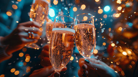 Celebration of New Year and Christmas. Close-up of two hands clinking glasses with champagne.の素材