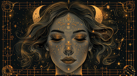 Zodiac sign Virgo on a dark background. Vector illustration.の素材