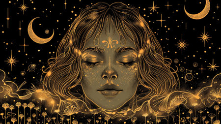 Beautiful woman face with moon and stars. Zodiac sign.の素材