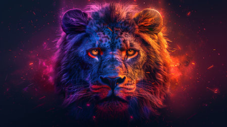 Portrait of a beautiful lion with a fiery background. Zodiac.の素材