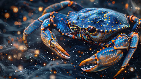 3d rendering of a blue crab on a dark background with starsの素材