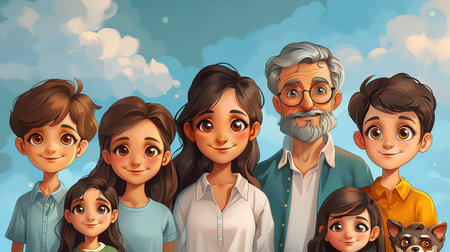 Group of family members with grandparents and grandchildren in cartoon style illustration for childrenの素材