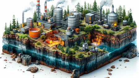 Industrial landscape with chimneys and smoke. 3D illustration.の素材