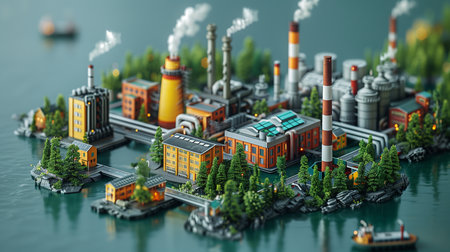 3D illustration of industrial landscape with factory chimneys and pipes.の素材