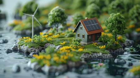 Miniature model of a house with wind turbines and yellow flowers.の素材