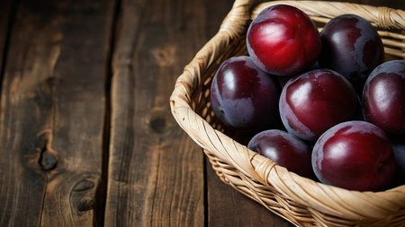 Fresh Plums in a Basket on a Rustic Wooden Backgroundの素材