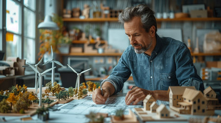 Architect working on model of windmills at workplace in officeの素材