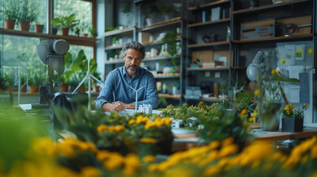 Portrait of a mature male florist working in a flower shopの素材