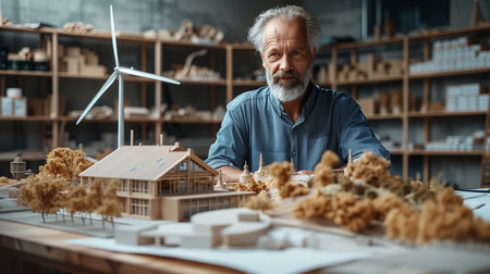 Elderly craftsman in his workshop. Bearded grey-haired man holding a model of a house and looking at itの素材