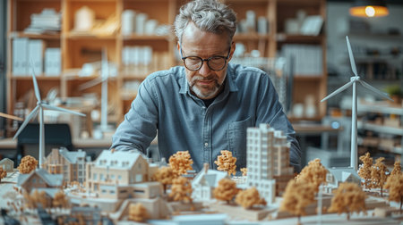 Architect working on a model of a city in his office.の素材
