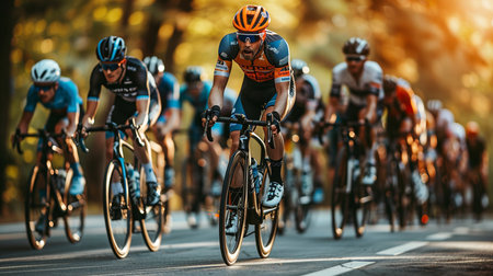 Group of cyclists riding on road during the time trial stageの素材