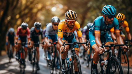 Group of cyclists riding on the road during the race. Teamwork concept.の素材