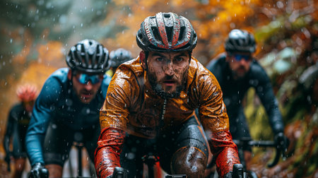 Cyclists Riding the Mountain Bike in the Rain. Extreme Sport Concept.の素材