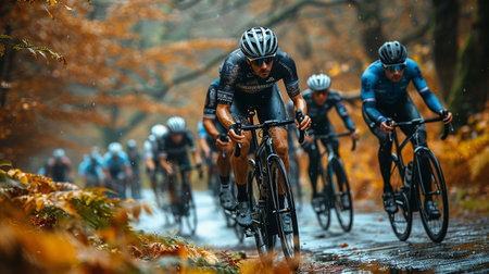 Cyclists in the forest during the rain. Cycling race.の素材