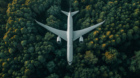 Aerial view of an airplane flying over the forest in autumn.の素材
