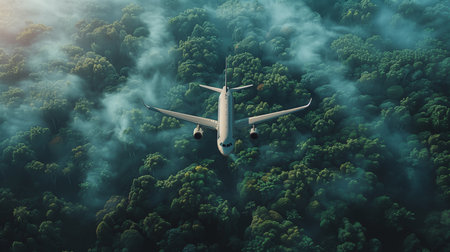 Airplane flying in the air over the forest. 3d renderingの素材