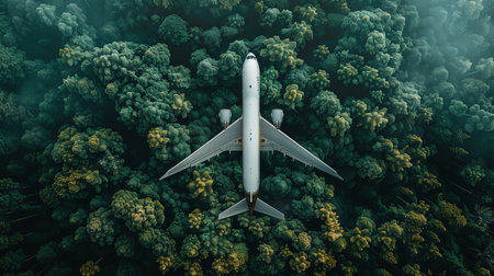 Aerial view of airplane in the forest. 3d rendering.の素材
