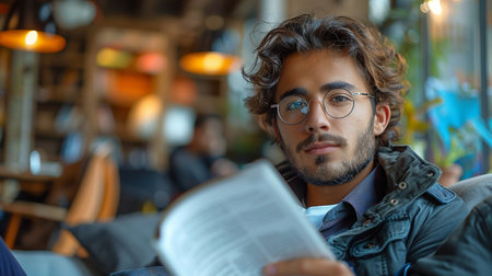 Portrait of a young man reading a book in a coffee shopの素材