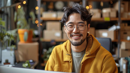 Portrait of a young Asian man in a yellow jacket and glasses working on a laptop computer in an office.の素材