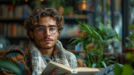 Young man with eyeglasses sitting in cafe, reading a bookの素材