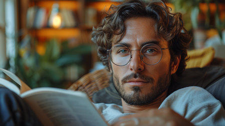 Young man reading a book in the living room at home. Portrait of a young man with glasses reading a book.の素材