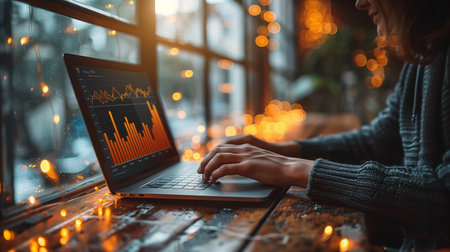 Close up of female hands using laptop computer with stock market chart on screen.の素材
