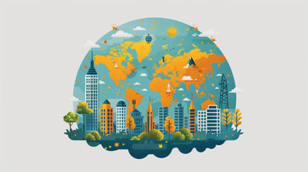 Vector illustration of the Earth with buildings and skyscrapers in the backgroundの素材