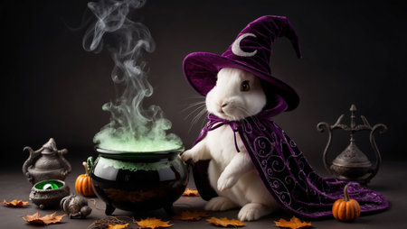 White rabbit in purple witch halloween costume with pot of potionの素材