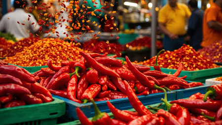 Red hot chili peppers on the counter in the market, Thailand.の素材