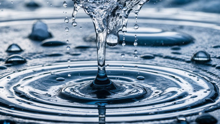 Falling drops of water. Splash effect after collision a falling drops with water Surfaceの素材