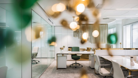 Modern office with glass walls, concrete floor and rows of white computer tables with chairs. Blurred backgroundの素材