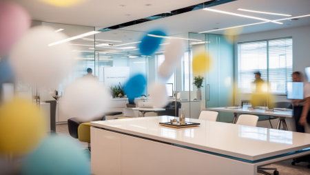 Business meeting room with colorful balloons in the foreground, blurred people in the backgroundの素材