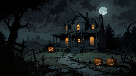 Halloween background with pumpkins in front of old wooden house at nightの素材