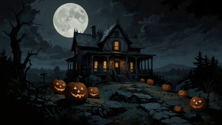 Halloween background with pumpkins and house in the forest at nightの素材