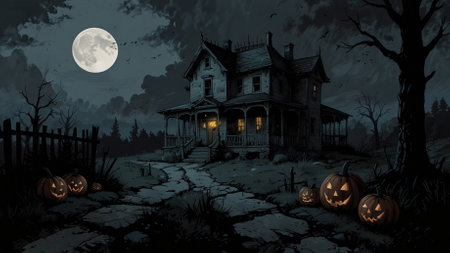 Halloween background with haunted house and pumpkins in the moonlightの素材