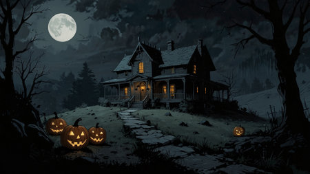 Halloween background with pumpkins and old house in the forest at nightの素材