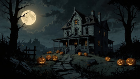 Halloween background with haunted house and pumpkins in full moon lightの素材