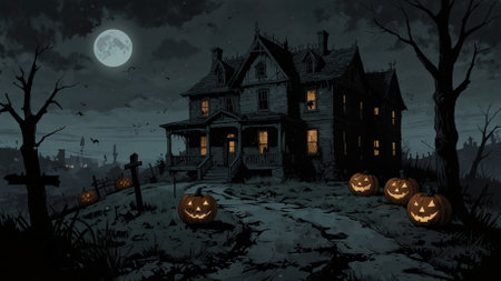 Halloween background with haunted house and pumpkins. Halloween illustration.の素材