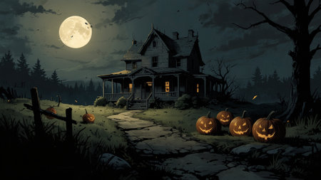 Halloween night landscape with haunted house and pumpkins. Vector illustration.の素材