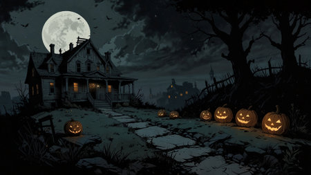 Halloween background with pumpkins and old house in the moonlightの素材