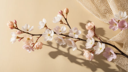 cherry blossom branch on beige background with copy space for textの素材