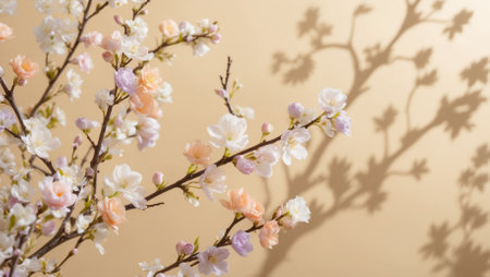 Flowering branch of cherry blossoms on a beige backgroundの素材