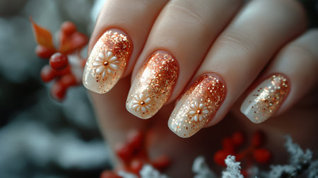 Female hand with orange nail design. Glitter nail polish manicure. Female hand with red manicure on the background of snowflakes.の素材