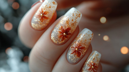 Female hand with beige nail design. Glitter nail polish manicure.の素材