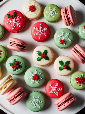Colorful French Macarons with Snowflakes and Holly Berryの素材