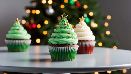 Tasty cupcakes on table against blurred Christmas tree, closeupの素材