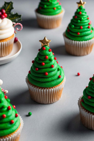 Christmas cupcakes decorated with green frosting on a gray background.の素材