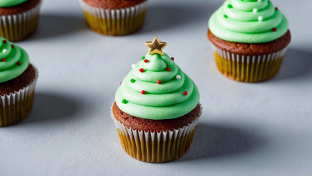 Christmas cupcakes with green frosting and star on top, selective focusの素材